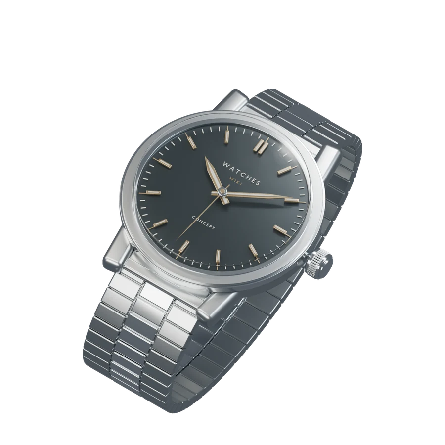 A silver concept watch with a dark dial and articulated bracelet, rendered in Blender.